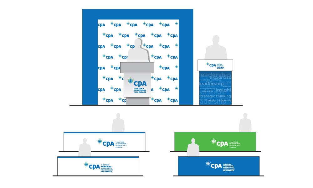Patterned podium backdrop and signs using CPA logo and brand colours